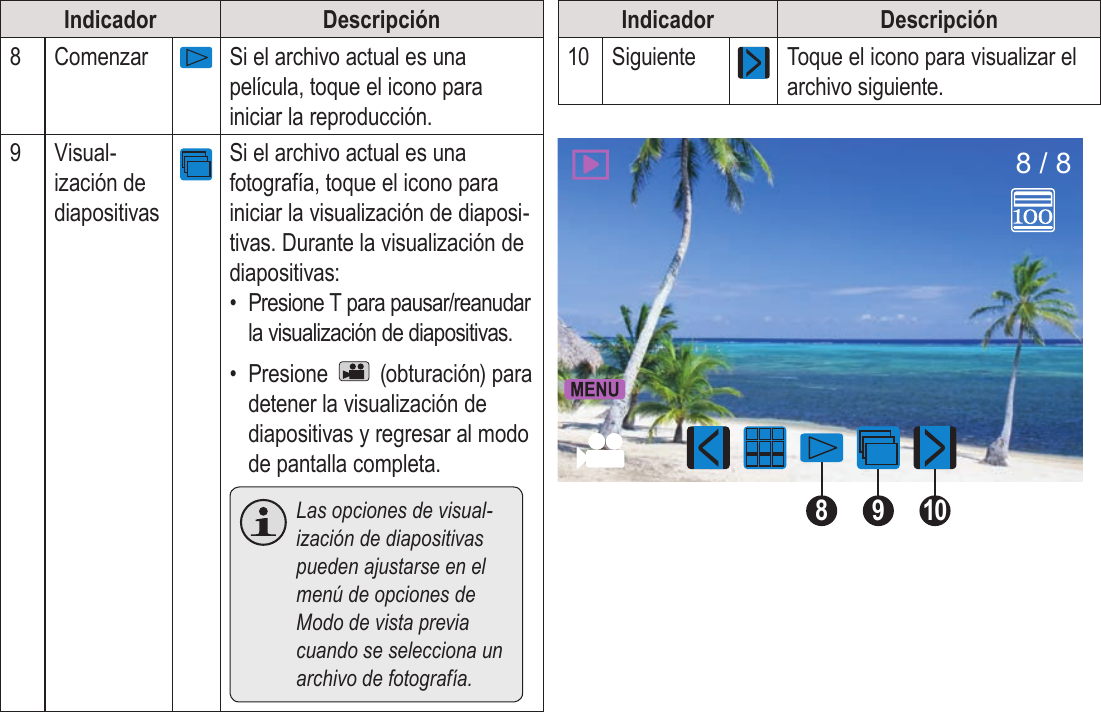 EspañolModo De Vista Previa   Página 101Indicador Descripción8Comenzar Si el archivo actual es una película, toque el icono para iniciar la reproducción.9Visual-ización de diapositivasSi el archivo actual es una fotografía, toque el icono para iniciar la visualización de diaposi-tivas. Durante la visualización de diapositivas:•  Presione T para pausar/reanudar la visualización de diapositivas.•  Presione   (obturación) para detener la visualización de diapositivas y regresar al modo de pantalla completa.  Las opciones de visual-ización de diapositivas pueden ajustarse en el menú de opciones de Modo de vista previa cuando se selecciona un archivo de fotografía.Indicador Descripción10 Siguiente Toque el icono para visualizar el archivo siguiente.91088 / 8