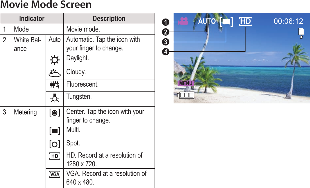 EnglishMovie Mode    Page 15Movie Mode ScreenIndicator Description1Mode Movie mode.2White Bal-anceAuto Automatic. Tap the icon with your nger to change.Daylight.Cloudy.Fluorescent.Tungsten.3Metering Center. Tap the icon with your nger to change.Multi. Spot.HD. Record at a resolution of 1280 x 720.VGA. Record at a resolution of 640 x 480.00:06:12AUTO HD