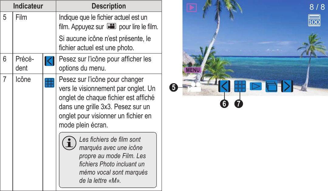 Français Page 172  Mode VisualisationIndicateur Description5Film Indique que le chier actuel est un lm. Appuyez sur   pour lire le lm. Si aucune icône n’est présente, le chier actuel est une photo.6Précé-dentPesez sur l’icône pour afcher les options du menu.7Icône Pesez sur l’icône pour changer vers le visionnement par onglet. Un onglet de chaque chier est afché dans une grille 3x3. Pesez sur un onglet pour visionner un chier en mode plein écran.  Les chiers de lm sont marqués avec une icône propre au mode Film. Les chiers Photo incluant un mémo vocal sont marqués de la lettre «M».8 / 8765