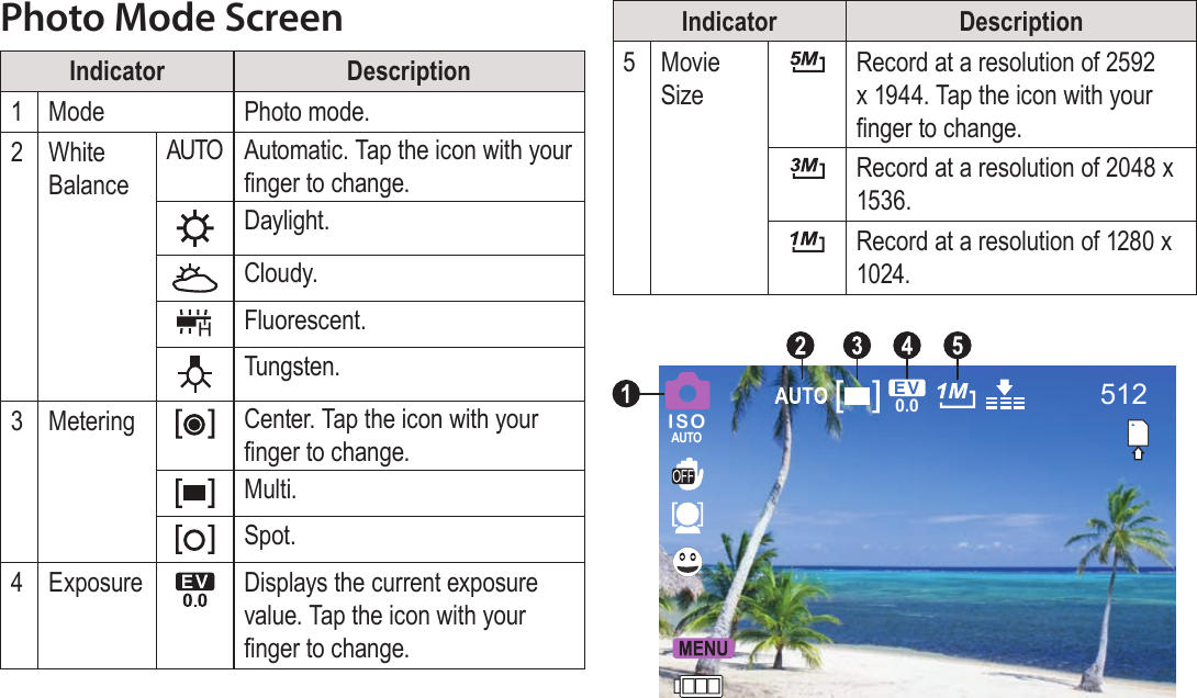 Page 22  Photo Mode EnglishPhoto Mode ScreenIndicator Description1Mode Photo mode.2White BalanceAUTO Automatic. Tap the icon with your nger to change.Daylight.Cloudy.Fluorescent.Tungsten.3Metering Center. Tap the icon with your nger to change.Multi. Spot.4Exposure Displays the current exposure value. Tap the icon with your nger to change.Indicator Description5Movie SizeRecord at a resolution of 2592 x 1944. Tap the icon with your nger to change.Record at a resolution of 2048 x 1536.Record at a resolution of 1280 x 1024.512ISOAUTO0.0