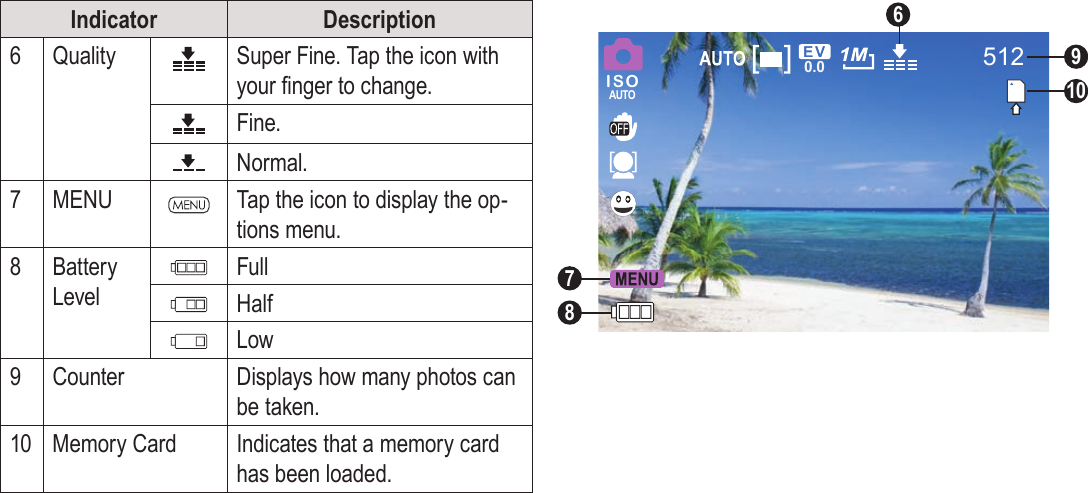 EnglishPhoto Mode    Page 23Photo Mode    Page 23EnglishIndicator Description6Quality Super Fine. Tap the icon with your nger to change.Fine.Normal.7MENU Tap the icon to display the op-tions menu.8Battery LevelFullHalfLow9Counter Displays how many photos can be taken.10 Memory Card Indicates that a memory card has been loaded.512ISOAUTO0.0691078