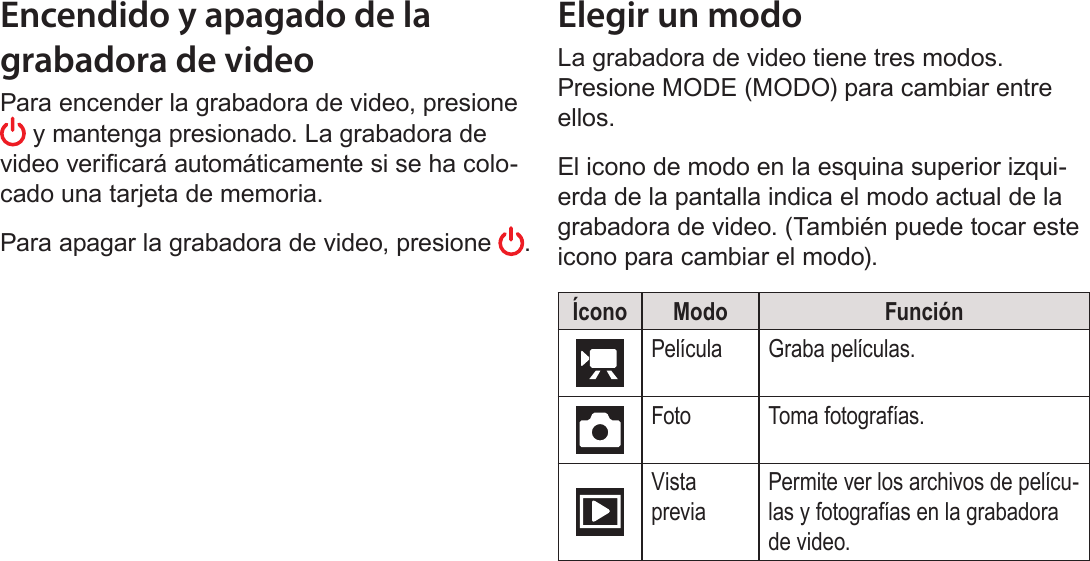 EspañolPara Empezar   Página 81Encendido y apagado de la grabadora de videoPara encender la grabadora de video, presione  y mantenga presionado. La grabadora de video vericará automáticamente si se ha colo-cado una tarjeta de memoria.Para apagar la grabadora de video, presione  . Elegir un modoLa grabadora de video tiene tres modos. Presione MODE (MODO) para cambiar entre ellos.El icono de modo en la esquina superior izqui-erda de la pantalla indica el modo actual de la grabadora de video. (También puede tocar este icono para cambiar el modo).Ícono Modo FunciónPelícula Graba películas.Foto Toma fotografías.Vista previaPermite ver los archivos de pelícu-las y fotografías en la grabadora de video.