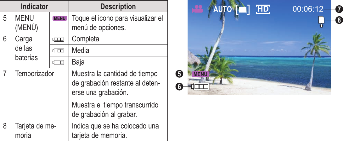 EspañolPágina 84  Modo PelículaIndicator Description5MENU (MENÚ)Toque el icono para visualizar el menú de opciones.6Carga de las bateríasCompletaMediaBaja7Temporizador Muestra la cantidad de tiempo de grabación restante al deten-erse una grabación.Muestra el tiempo transcurrido de grabación al grabar.8 Tarjeta de me-moriaIndica que se ha colocado una tarjeta de memoria.00:06:12AUTO HD