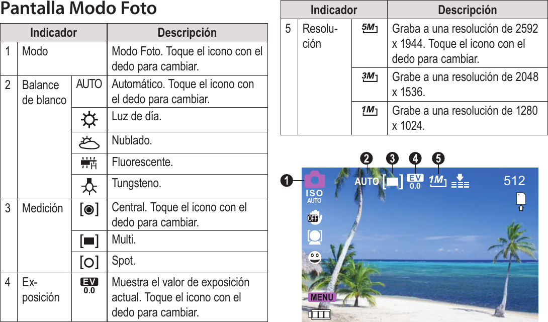 EspañolPágina 90  Modo Foto Pantalla Modo FotoIndicador Descripción1Modo Modo Foto. Toque el icono con el dedo para cambiar.2Balance de blancoAUTO Automático. Toque el icono con el dedo para cambiar.Luz de día.Nublado.Fluorescente.Tungsteno.3Medición Central. Toque el icono con el dedo para cambiar.Multi. Spot.4Ex-posiciónMuestra el valor de exposición actual. Toque el icono con el dedo para cambiar.Indicador Descripción5Resolu-ciónGraba a una resolución de 2592 x 1944. Toque el icono con el dedo para cambiar.Grabe a una resolución de 2048 x 1536.Grabe a una resolución de 1280 x 1024.512ISOAUTO0.0
