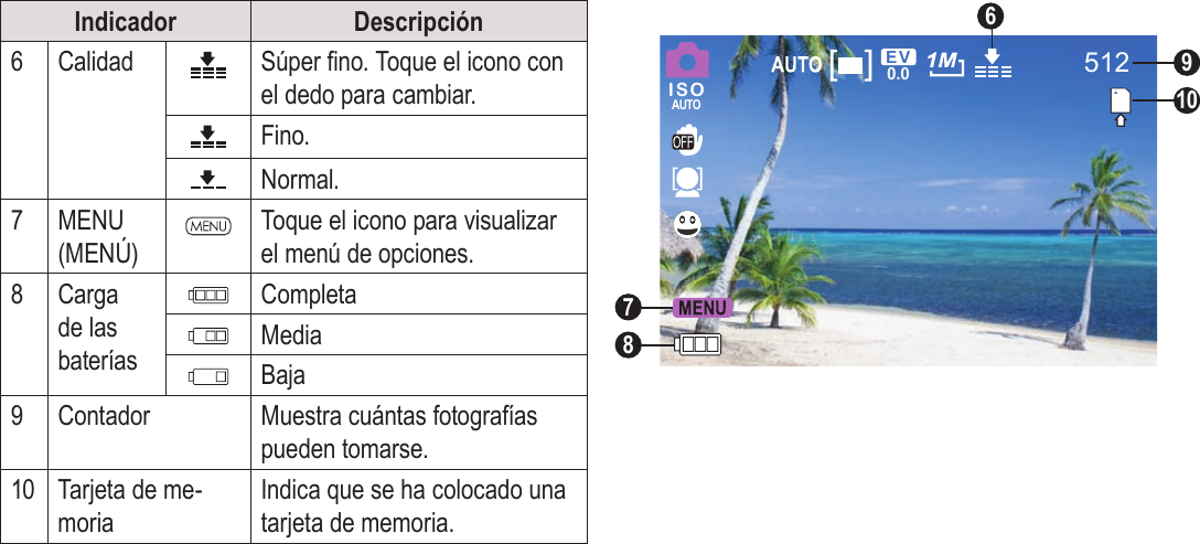 EspañolModo Foto    Página 91Indicador Descripción6Calidad Súper no. Toque el icono con el dedo para cambiar.Fino.Normal.7MENU (MENÚ)Toque el icono para visualizar el menú de opciones.8Carga de las bateríasCompletaMediaBaja9Contador Muestra cuántas fotografías pueden tomarse.10 Tarjeta de me-moriaIndica que se ha colocado una tarjeta de memoria.512ISOAUTO0.0691078