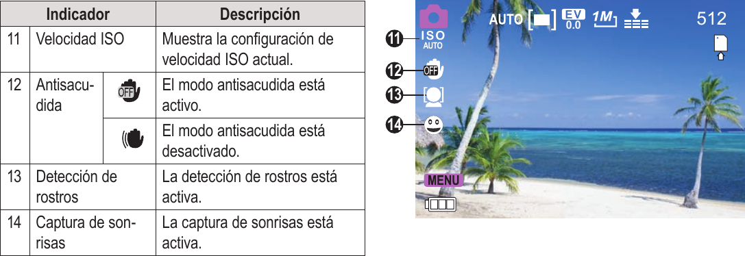 EspañolPágina 92  Modo Foto Indicador Descripción11 Velocidad ISO Muestra la conguración de velocidad ISO actual. 12 Antisacu-didaEl modo antisacudida está activo.El modo antisacudida está desactivado.13 Detección de rostrosLa detección de rostros está activa.14 Captura de son-risasLa captura de sonrisas está activa.512ISOAUTO0.011121314
