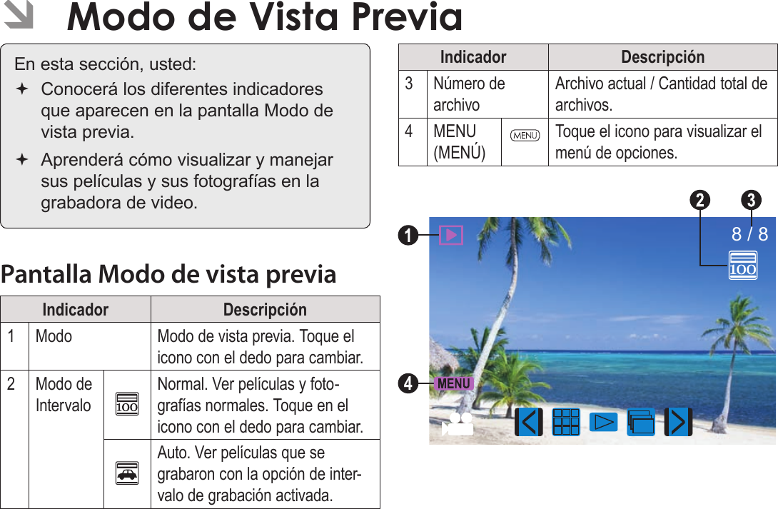 EspañolModo De Vista Previa   Página 99 ÂModo de Vista PreviaEn esta sección, usted: Conocerá los diferentes indicadores que aparecen en la pantalla Modo de vista previa. Aprenderá cómo visualizar y manejar sus películas y sus fotografías en la grabadora de video.Pantalla Modo de vista previaIndicador Descripción1Modo Modo de vista previa. Toque el icono con el dedo para cambiar.2 Modo de IntervaloNormal. Ver películas y foto-grafías normales. Toque en el icono con el dedo para cambiar.Auto. Ver películas que se grabaron con la opción de inter-valo de grabación activada.Indicador Descripción3Número de archivoArchivo actual / Cantidad total de archivos.4MENU (MENÚ)Toque el icono para visualizar el menú de opciones.8 / 84