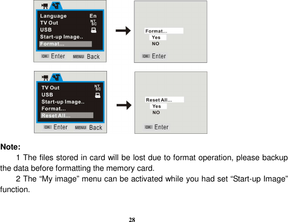  28                           Note:                       1 The files stored in card will be lost due to format operation, please backup the data before formatting the memory card.                     2 The “My image” menu can be activated while you had set “Start-up Image” function.  