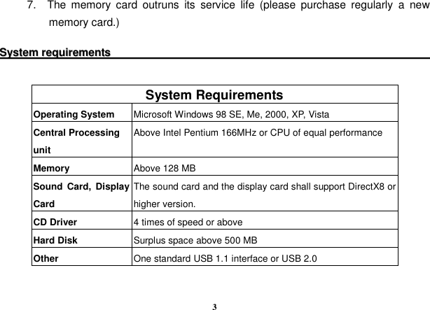  3 7.    The  memory  card  outruns  its  service  life  (please  purchase  regularly  a  new memory card.)  SSyysstteemm  rreeqquuiirreemmeennttss                                                                                                                                   System Requirements Operating System  Microsoft Windows 98 SE, Me, 2000, XP, Vista Central Processing unit Above Intel Pentium 166MHz or CPU of equal performance Memory  Above 128 MB Sound  Card,  Display Card The sound card and the display card shall support DirectX8 or higher version. CD Driver  4 times of speed or above Hard Disk  Surplus space above 500 MB Other    One standard USB 1.1 interface or USB 2.0  