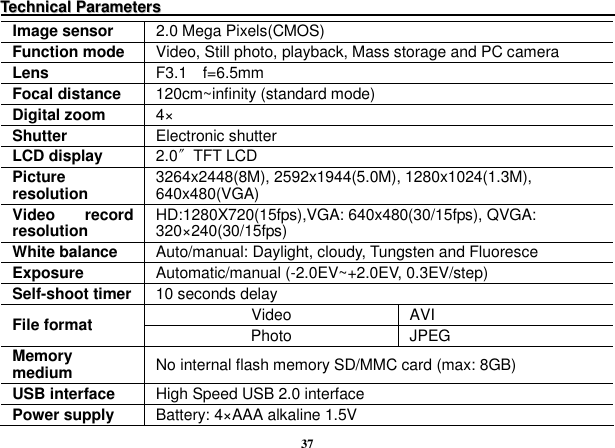  37 TTeecchhnniiccaall  PPaarraammeetteerrss                                                                                                                     Image sensor  2.0 Mega Pixels(CMOS) Function mode  Video, Still photo, playback, Mass storage and PC camera Lens  F3.1 f=6.5mm Focal distance  120cm~infinity (standard mode) Digital zoom  4× Shutter  Electronic shutter LCD display    2.0〞TFT LCD Picture resolution  3264x2448(8M), 2592x1944(5.0M), 1280x1024(1.3M), 640x480(VGA) Video  record resolution  HD:1280X720(15fps),VGA: 640x480(30/15fps), QVGA: 320×240(30/15fps) White balance  Auto/manual: Daylight, cloudy, Tungsten and Fluoresce Exposure  Automatic/manual (-2.0EV~+2.0EV, 0.3EV/step) Self-shoot timer 10 seconds delay Video  AVI File format  Photo  JPEG Memory medium  No internal flash memory SD/MMC card (max: 8GB) USB interface  High Speed USB 2.0 interface Power supply  Battery: 4×AAA alkaline 1.5V 