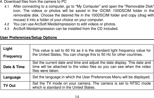 14 4. Download files from the camera to PC 4.1 After connecting to a computer, go to &quot;My Computer” and open the &quot;Removable Disk&quot; icon. The videos or photos will be saved in the \DCIM\ 100DSCIM folder in the removable disk. Choose the desired file in the 100DSCIM folder and copy (drag with mouse) it into a folder of your choice on your computer.     4.2 You can use ArcSoft MeidaImpression to edit videos or photos. 4.3 ArcSoft MeidaImpression can be installed from the CD included. User Preferences/Setup Options                                                     Light Frequency This value is set to 60 Hz as it is the standard light frequency value for the United States, You can change this to 50 Hz for other countries.     Date &amp; Time  Set the current date and time and adjust the date display. This date and time will be attached to the video files so you can see when the video files were taken.   Language  Set the language in which the User Preferences Menu will be displayed.TV Out  Set the TV mode on your camera. The camera is set to NTSC mode which is standard in the United States.   