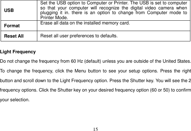 15 USB Set the USB option to Computer or Printer. The USB is set to computer so that your computer will recognize the digital video camera when plugging it in. there is an option to change from Computer mode to Printer Mode.   Format  Erase all data on the installed memory card.   Reset All  Reset all user preferences to defaults. Light Frequency Do not change the frequency from 60 Hz (default) unless you are outside of the United States. To change the frequency, click the Menu button to see your setup options. Press the right button and scroll down to the Light Frequency option. Press the Shutter key. You will see the 2 frequency options. Click the Shutter key on your desired frequency option (60 or 50) to confirm your selection.   