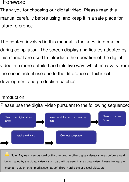  1  Foreword Thank you for choosing our digital video. Please read this manual carefully before using, and keep it in a safe place for future reference.  The content involved in this manual is the latest information during compilation. The screen display and figures adopted by this manual are used to introduce the operation of the digital video in a more detailed and intuitive way, which may vary from the one in actual use due to the difference of technical development and production batches.  Introduction Please use the digital video pursuant to the following sequence:         Note: Any new memory card or the one used in other digital videos/cameras before should be formatted by the digital video if such card will be used in the digital video. Please backup the important data on other media, such as soft disks, hard disks or optical disks, etc. Check  the  digital  video power  Insert  and  format  the  memory card  Record  video/ Shoot  Install the drivers  Connect computers  