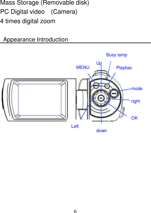  6 MENU  Up  Playbac mode right OK down Left Busy lamp Mass Storage (Removable disk) PC Digital video    (Camera) 4 times digital zoom    Appearance Introduction                                      