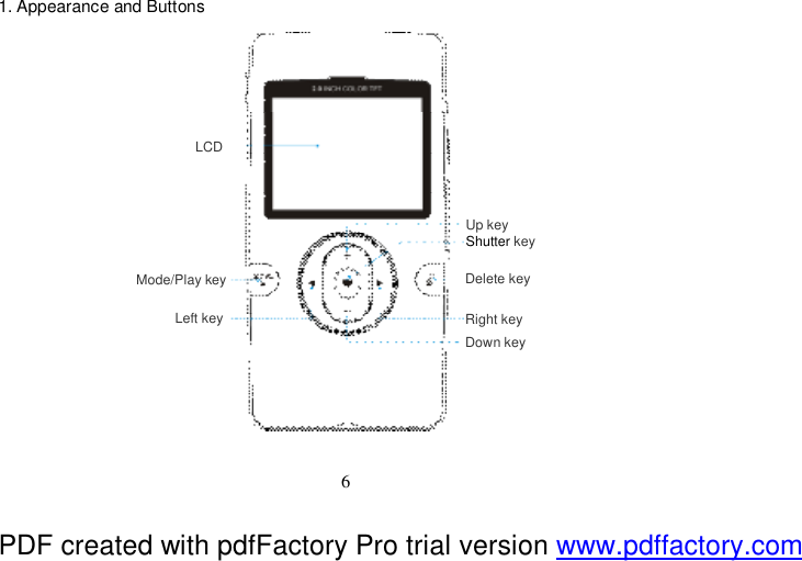  6 1. Appearance and Buttons  LCD Delete key Mode/Play key Up key Right key Left key Shutter key Down key PDF created with pdfFactory Pro trial version www.pdffactory.com