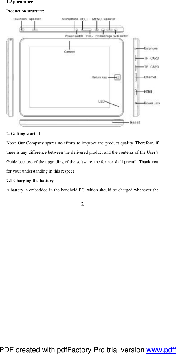  2 1.Appearance  Production structure:   2. Getting started Note: Our Company spares no efforts to improve the product quality. Therefore, if there is any difference between the delivered product and the contents of the User’s Guide because of the upgrading of the software, the former shall prevail. Thank you for your understanding in this respect! 2.1 Charging the battery A battery is embedded in the handheld PC, which should be charged whenever the PDF created with pdfFactory Pro trial version www.pdffactory.com