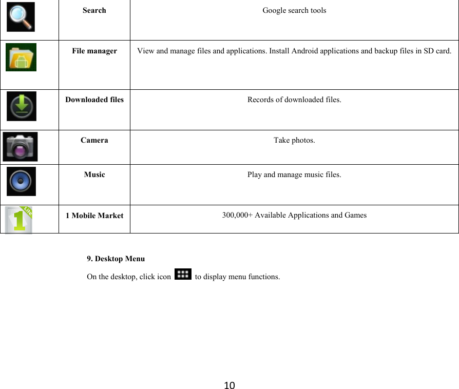 10 Search  Google search tools   File manager  View and manage files and applications. Install Android applications and backup files in SD card. Downloaded files  Records of downloaded files.   Camera  Take photos.  Music  Play and manage music files.   1 Mobile Market  300,000+ Available Applications and Games  9. Desktop Menu On the desktop, click icon   to display menu functions.   