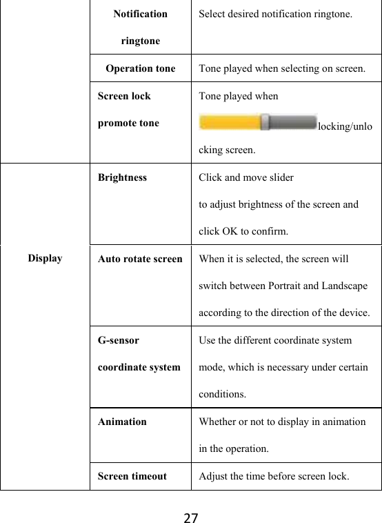 27Notification ringtone Select desired notification ringtone.   Operation tone  Tone played when selecting on screen. Screen lock promote tone Tone played when locking/unlocking screen.  DisplayBrightness  Click and move slider                to adjust brightness of the screen and click OK to confirm.   Auto rotate screen When it is selected, the screen will switch between Portrait and Landscape according to the direction of the device.   G-sensor coordinate systemUse the different coordinate system mode, which is necessary under certain conditions.  Animation  Whether or not to display in animation in the operation. Screen timeout  Adjust the time before screen lock. 