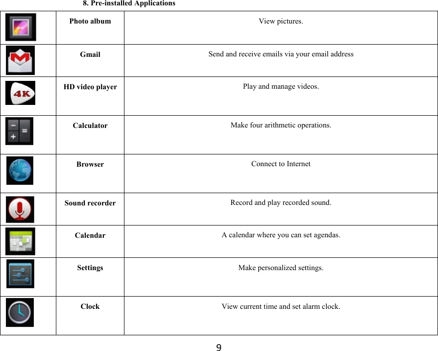 9 8. Pre-installed Applications  Photo album  View pictures.  Gmail  Send and receive emails via your email address  HD video player  Play and manage videos.   Calculator  Make four arithmetic operations.   Browser  Connect to Internet   Sound recorder  Record and play recorded sound.  Calendar  A calendar where you can set agendas.  Settings  Make personalized settings.   Clock  View current time and set alarm clock.  