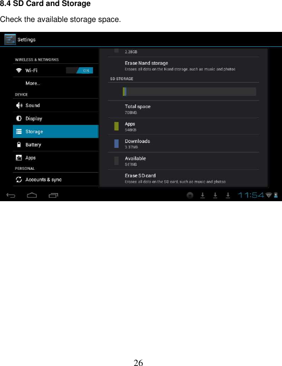   26 8.4 SD Card and Storage Check the available storage space.           