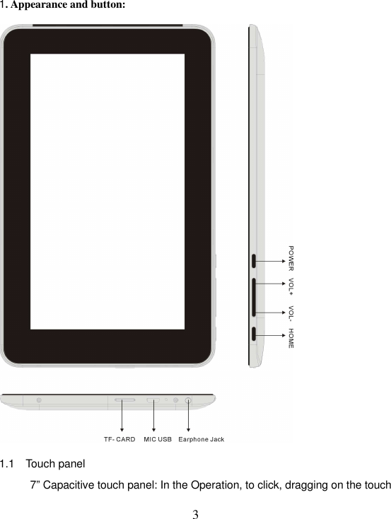   31. Appearance and button:  1.1  Touch panel 7” Capacitive touch panel: In the Operation, to click, dragging on the touch 