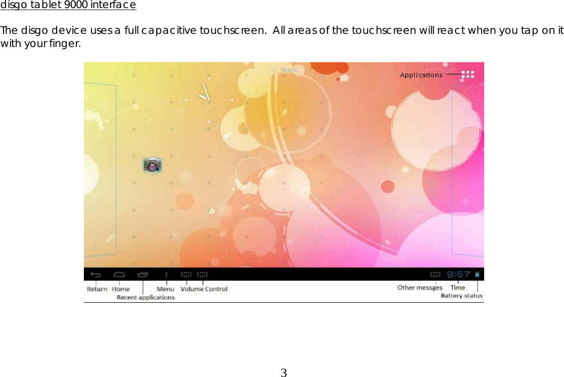  3disgo tablet 9000 interface  The disgo device uses a full capacitive touchscreen.  All areas of the touchscreen will react when you tap on it with your finger.       