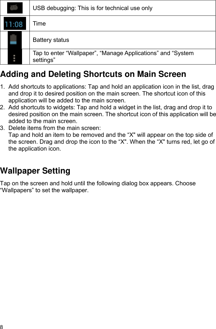 8  USB debugging: This is for technical use only  Time  Battery status  Tap to enter “Wallpaper”, “Manage Applications” and “System settings” Adding and Deleting Shortcuts on Main Screen 1.  Add shortcuts to applications: Tap and hold an application icon in the list, drag and drop it to desired position on the main screen. The shortcut icon of this application will be added to the main screen. 2.  Add shortcuts to widgets: Tap and hold a widget in the list, drag and drop it to desired position on the main screen. The shortcut icon of this application will be added to the main screen. 3.  Delete items from the main screen:   Tap and hold an item to be removed and the “X&quot; will appear on the top side of the screen. Drag and drop the icon to the “X&quot;. When the “X&quot; turns red, let go of the application icon.  Wallpaper Setting Tap on the screen and hold until the following dialog box appears. Choose “Wallpapers” to set the wallpaper.    