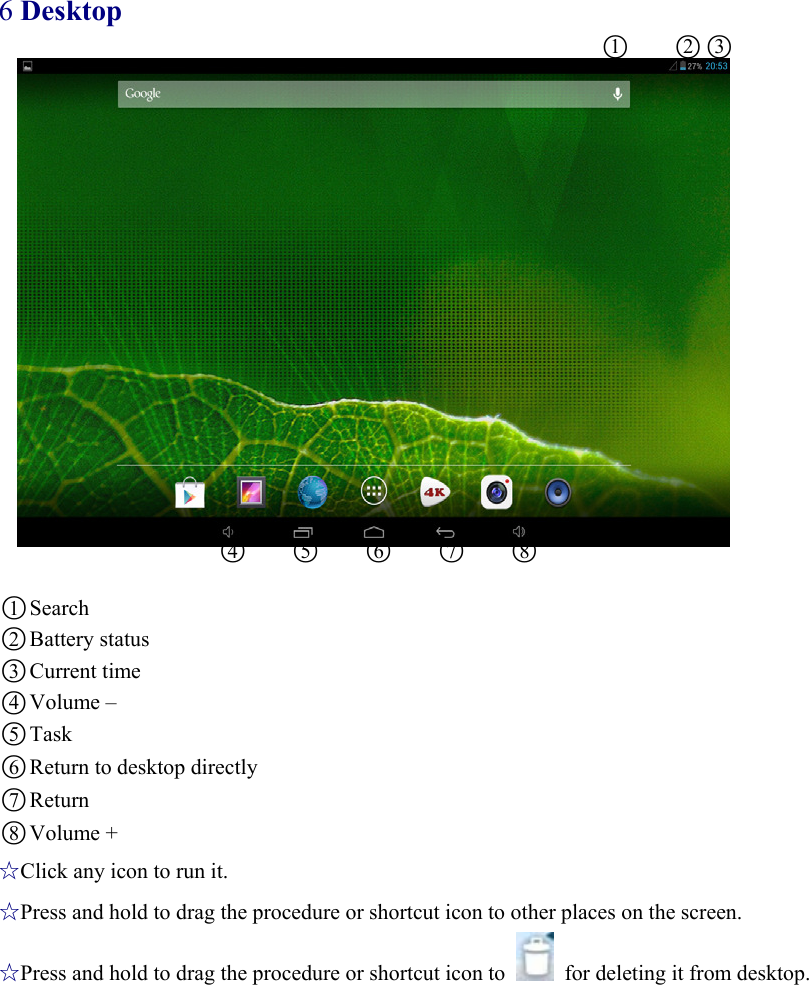 6 Desktop ○1    ○2○3              ○4    ○5    ○6    ○7    ○8   ○1Search ○2Battery status ○3Current time ○4Volume – ○5Task ○6Return to desktop directly ○7Return ○8Volume + ☆Click any icon to run it. ☆Press and hold to drag the procedure or shortcut icon to other places on the screen. ☆Press and hold to drag the procedure or shortcut icon to    for deleting it from desktop.  
