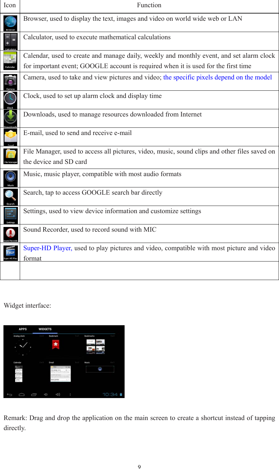  9Icon Function  Browser, used to display the text, images and video on world wide web or LAN Calculator, used to execute mathematical calculations  Calendar, used to create and manage daily, weekly and monthly event, and set alarm clock for important event; GOOGLE account is required when it is used for the first time  Camera, used to take and view pictures and video; the specific pixels depend on the model Clock, used to set up alarm clock and display time Downloads, used to manage resources downloaded from Internet E-mail, used to send and receive e-mail  File Manager, used to access all pictures, video, music, sound clips and other files saved on the device and SD card Music, music player, compatible with most audio formats Search, tap to access GOOGLE search bar directly Settings, used to view device information and customize settings  Sound Recorder, used to record sound with MIC  Super-HD Player, used to play pictures and video, compatible with most picture and video format     Widget interface:      Remark: Drag and drop the application on the main screen to create a shortcut instead of tapping directly. 