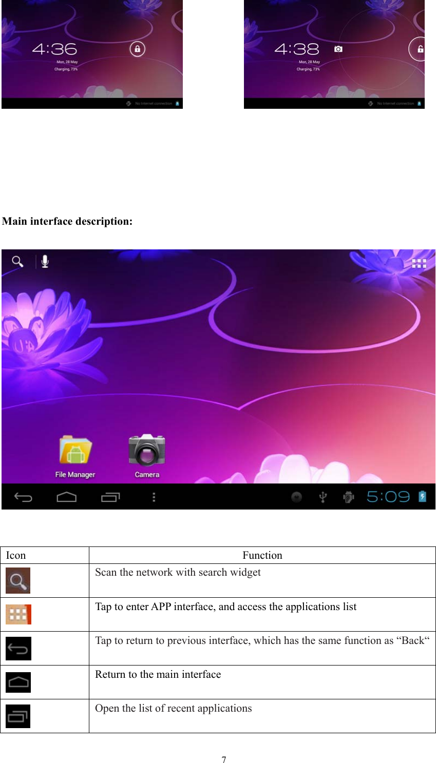  7                   Main interface description:     Icon Function  Scan the network with search widget  Tap to enter APP interface, and access the applications list  Tap to return to previous interface, which has the same function as “Back“  Return to the main interface  Open the list of recent applications 