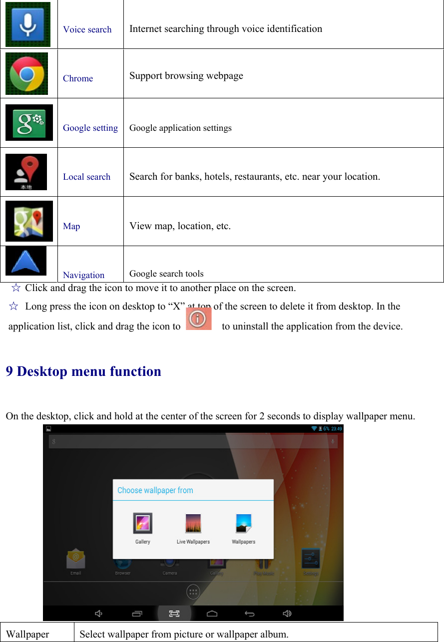   Voice search  Internet searching through voice identification    Chrome  Support browsing webpage  Google setting  Google application settings   Local search  Search for banks, hotels, restaurants, etc. near your location.   Map  View map, location, etc.   Navigation  Google search tools ☆ Click and drag the icon to move it to another place on the screen.   ☆ Long press the icon on desktop to “X” at top of the screen to delete it from desktop. In the   application list, click and drag the icon to      to uninstall the application from the device.   9 Desktop menu function On the desktop, click and hold at the center of the screen for 2 seconds to display wallpaper menu.               Wallpaper  Select wallpaper from picture or wallpaper album. 