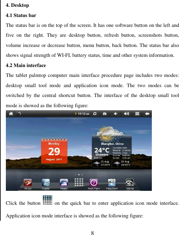   84. Desktop 4.1 Status bar The status bar is on the top of the screen. It has one software button on the left and five  on  the  right.  They  are  desktop  button,  refresh  button,  screenshots  button, volume increase or decrease button, menu button, back button. The status bar also shows signal strength of WI-FI, battery status, time and other system information. 4.2 Main interface The tablet palmtop computer main interface procedure page includes two modes: desktop  small  tool  mode  and  application  icon  mode.  The  two  modes  can  be switched  by  the  central  shortcut  button.  The  interface  of  the  desktop  small  tool mode is showed as the following figure:  Click the  button    on the  quick bar  to enter  application icon  mode interface. Application icon mode interface is showed as the following figure: 