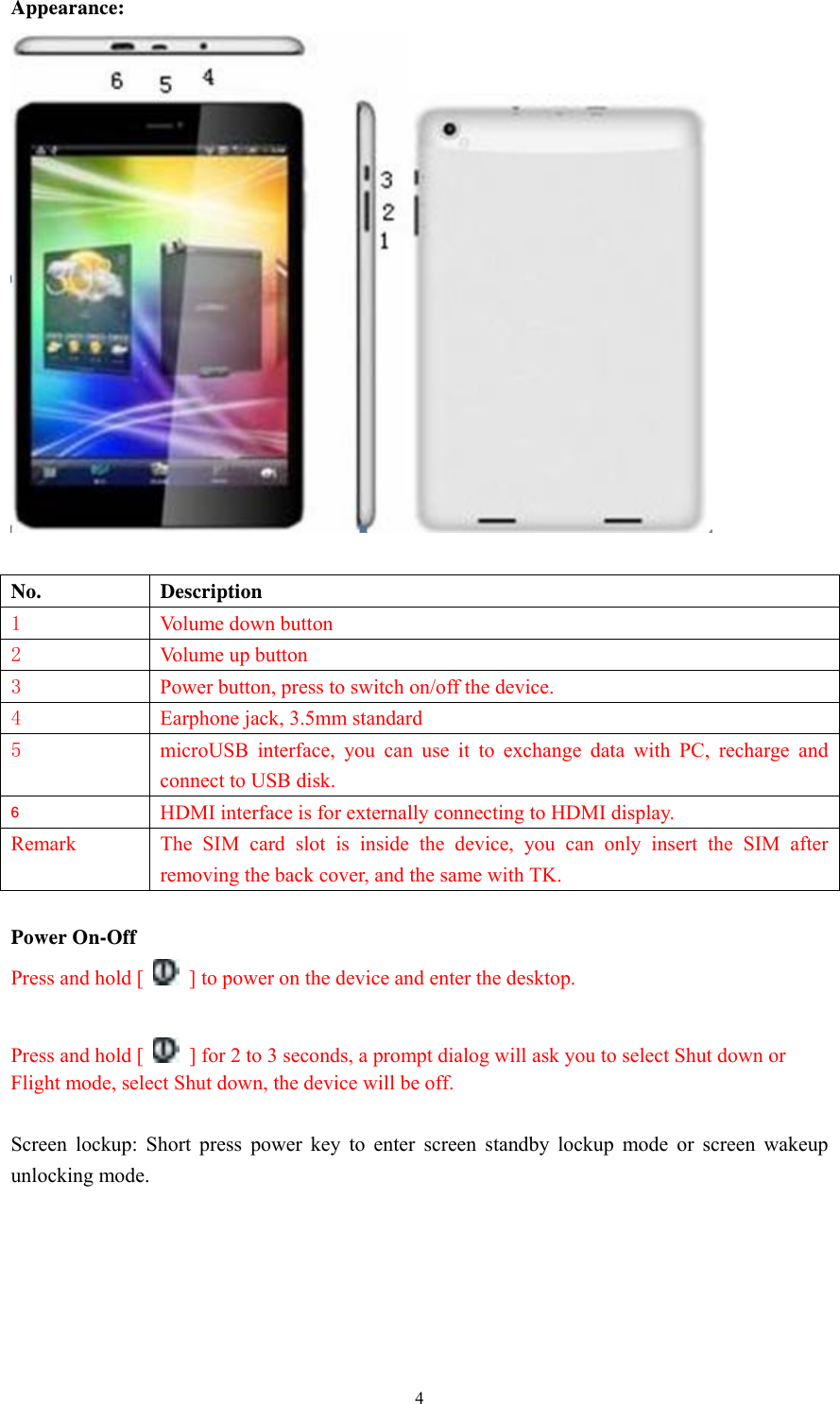  4Appearance:     No. Description  1 Volume down button 2 Volume up button 3 Power button, press to switch on/off the device. 4 Earphone jack, 3.5mm standard 5 microUSB interface, you can use it to exchange data with PC, recharge and connect to USB disk. 6  HDMI interface is for externally connecting to HDMI display. Remark The SIM card slot is inside the device, you can only insert the SIM after removing the back cover, and the same with TK.  Power On-Off Press and hold [    ] to power on the device and enter the desktop.    Press and hold [    ] for 2 to 3 seconds, a prompt dialog will ask you to select Shut down or Flight mode, select Shut down, the device will be off.    Screen lockup: Short press power key to enter screen standby lockup mode or screen wakeup unlocking mode.      