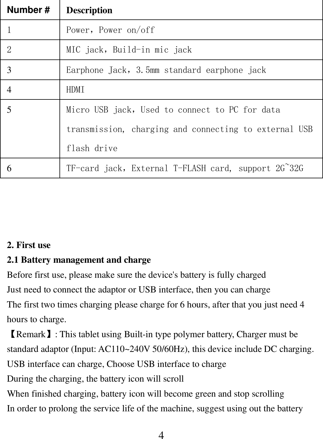   4 Number # Description 1  Power，Power on/off 2  MIC jack，Build-in mic jack   3  Earphone Jack，3.5mm standard earphone jack 4  HDMI 5  Micro USB jack，Used to connect to PC for data transmission, charging and connecting to external USB flash drive 6  TF-card jack，External T-FLASH card, support 2G~32G    2. First use 2.1 Battery management and charge Before first use, please make sure the device&apos;s battery is fully charged Just need to connect the adaptor or USB interface, then you can charge The first two times charging please charge for 6 hours, after that you just need 4 hours to charge. 【Remark】: This tablet using Built-in type polymer battery, Charger must be standard adaptor (Input: AC110~240V 50/60Hz), this device include DC charging. USB interface can charge, Choose USB interface to charge During the charging, the battery icon will scroll When finished charging, battery icon will become green and stop scrolling In order to prolong the service life of the machine, suggest using out the battery  