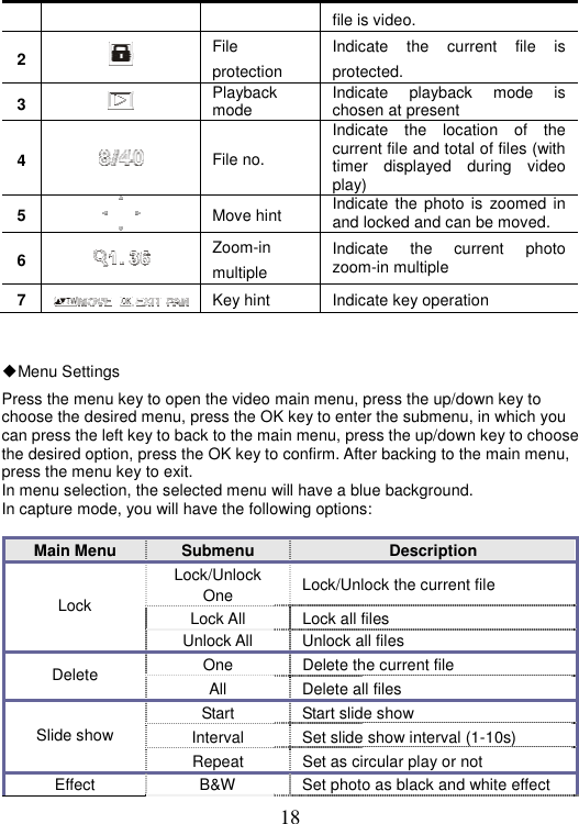 18 file is video. 2File protection  Indicate the current file is protected.  3Playback mode  Indicate playback mode is chosen at present 4File no.   Indicate the location of the current file and total of files (with timer displayed during video play) 5Move hint  Indicate the photo is zoomed in and locked and can be moved.   6Zoom-in multiple Indicate the current photo zoom-in multiple 7Key hint  Indicate key operation ƹMenu Settings Press the menu key to open the video main menu, press the up/down key to choose the desired menu, press the OK key to enter the submenu, in which you can press the left key to back to the main menu, press the up/down key to choose the desired option, press the OK key to confirm. After backing to the main menu, press the menu key to exit.   In menu selection, the selected menu will have a blue background.   In capture mode, you will have the following options:   Main Menu  Submenu  Description Lock/Unlock One  Lock/Unlock the current file Lock All  Lock all files Lock Unlock All  Unlock all files One  Delete the current file Delete  All Delete all files  Start    Start slide show Interval  Set slide show interval (1-10s) Slide show   Repeat  Set as circular play or not Effect  B&amp;W  Set photo as black and white effect 