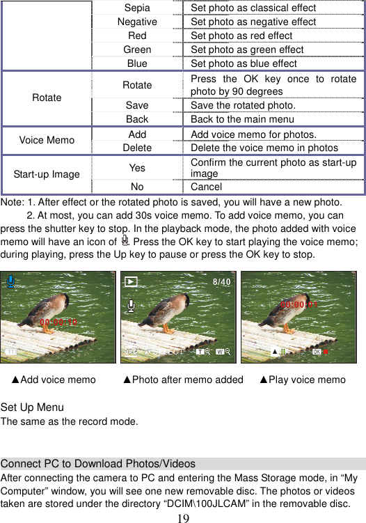 19 Sepia  Set photo as classical effect Negative  Set photo as negative effect Red  Set photo as red effect Green  Set photo as green effect Blue  Set photo as blue effect Rotate  Press the OK key once to rotate photo by 90 degrees Save  Save the rotated photo.   Rotate  Back  Back to the main menu Add  Add voice memo for photos.   Voice Memo  Delete  Delete the voice memo in photos Yes  Confirm the current photo as start-up image Start-up Image No Cancel Note: 1. After effect or the rotated photo is saved, you will have a new photo.   2. At most, you can add 30s voice memo. To add voice memo, you can press the shutter key to stop. In the playback mode, the photo added with voice memo will have an icon of  . Press the OK key to start playing the voice memo; during playing, press the Up key to pause or press the OK key to stop.   ▲Add voice memo  ▲Photo after memo added      ▲Play voice memo Set Up Menu The same as the record mode.   Connect PC to Download Photos/Videos                                           After connecting the camera to PC and entering the Mass Storage mode, in “My Computer” window, you will see one new removable disc. The photos or videos taken are stored under the directory “DCIM\100JLCAM” in the removable disc. 