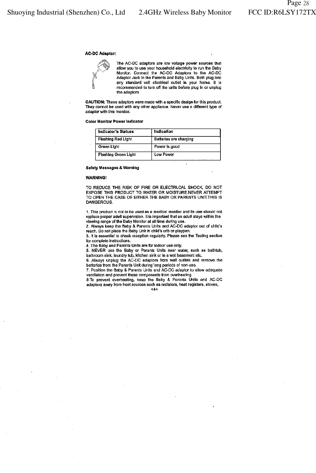               Page 28 Shuoying Industrial (Shenzhen) Co., Ltd 2.4GHz Wireless Baby Monitor FCC ID:R6LSY172TX    