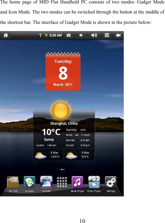  10 The  home  page  of  MID  Flat  Handheld  PC  consists  of two  modes:  Gadget  Mode and Icon Mode. The two modes can be switched through the button at the middle of the shortcut bar. The interface of Gadget Mode is shown in the picture below:    