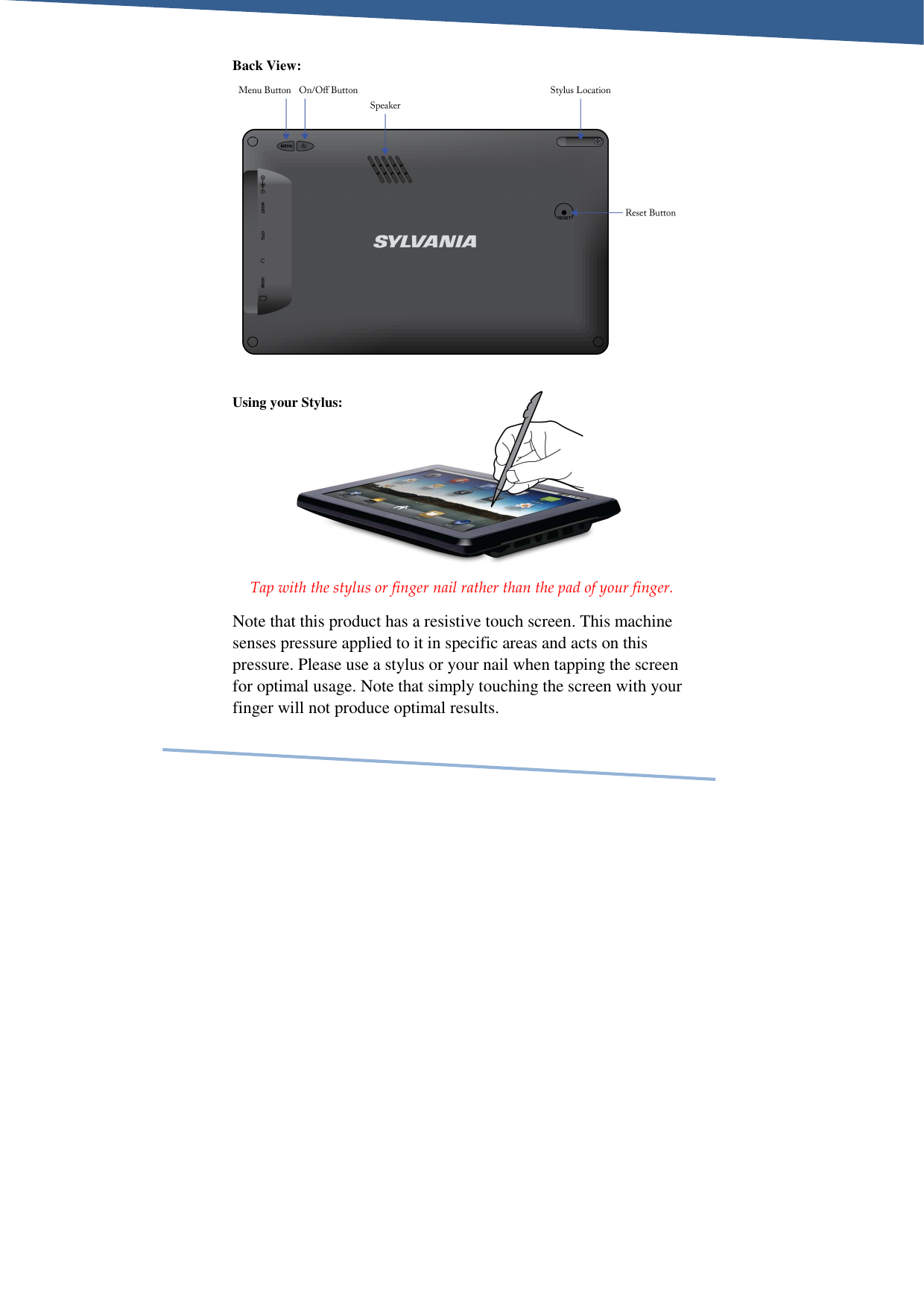     Back View:             Using your Stylus:      Tap with the stylus or finger nail rather than the pad of your finger. Note that this product has a resistive touch screen. This machine senses pressure applied to it in specific areas and acts on this pressure. Please use a stylus or your nail when tapping the screen for optimal usage. Note that simply touching the screen with your finger will not produce optimal results.   