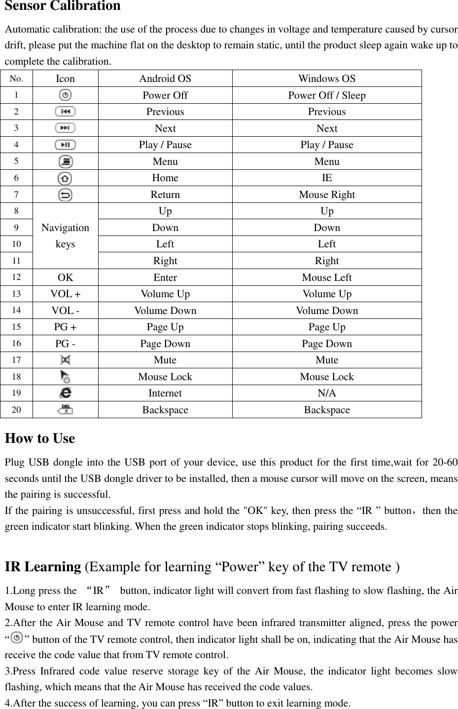 Sensor Calibration Automatic calibration: the use of the process due to changes in voltage and temperature caused by cursor drift, please put the machine flat on the desktop to remain static, until the product sleep again wake up to complete the calibration.            How to Use Plug USB dongle into the USB port of your device, use this product for the first time,wait for 20-60 seconds until the USB dongle driver to be installed, then a mouse cursor will move on the screen, means the pairing is successful.  If the pairing is unsuccessful, first press and hold the &quot;OK&quot; key, then press the “IR ” button，then the green indicator start blinking. When the green indicator stops blinking, pairing succeeds.  IR Learning (Example for learning “Power” key of the TV remote ) 1.Long press the  “IR” button, indicator light will convert from fast flashing to slow flashing, the Air Mouse to enter IR learning mode. 2.After the Air Mouse and TV remote control have been infrared transmitter aligned, press the power “ ” button of the TV remote control, then indicator light shall be on, indicating that the Air Mouse has receive the code value that from TV remote control. 3.Press Infrared code value reserve storage key of the Air Mouse, the indicator light becomes slow flashing, which means that the Air Mouse has received the code values. 4.After the success of learning, you can press “IR” button to exit learning mode.   No. Icon  Android OS  Windows OS 1  Power Off  Power Off / Sleep 2  Previous  Previous 3  Next  Next 4  Play / Pause  Play / Pause 5  Menu  Menu 6  Home  IE 7  Return  Mouse Right 8 Navigation keys Up  Up 9  Down  Down 10  Left  Left 11  Right  Right 12  OK  Enter  Mouse Left 13  VOL +  Volume Up  Volume Up 14  VOL -  Volume Down  Volume Down 15  PG +  Page Up  Page Up 16  PG -  Page Down  Page Down 17  Mute  Mute 18  Mouse Lock  Mouse Lock 19  Internet  N/A 20   Backspace  Backspace 