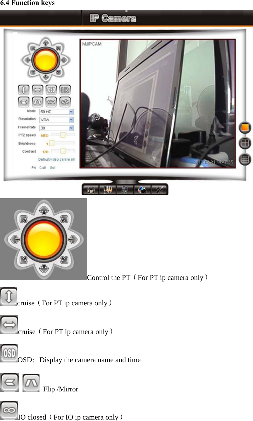   6.4 Function keys  Control the PT（For PT ip camera only） cruise（For PT ip camera only） cruise（For PT ip camera only） OSD：Display the camera name and time   Flip /Mirror IO closed（For IO ip camera only） 