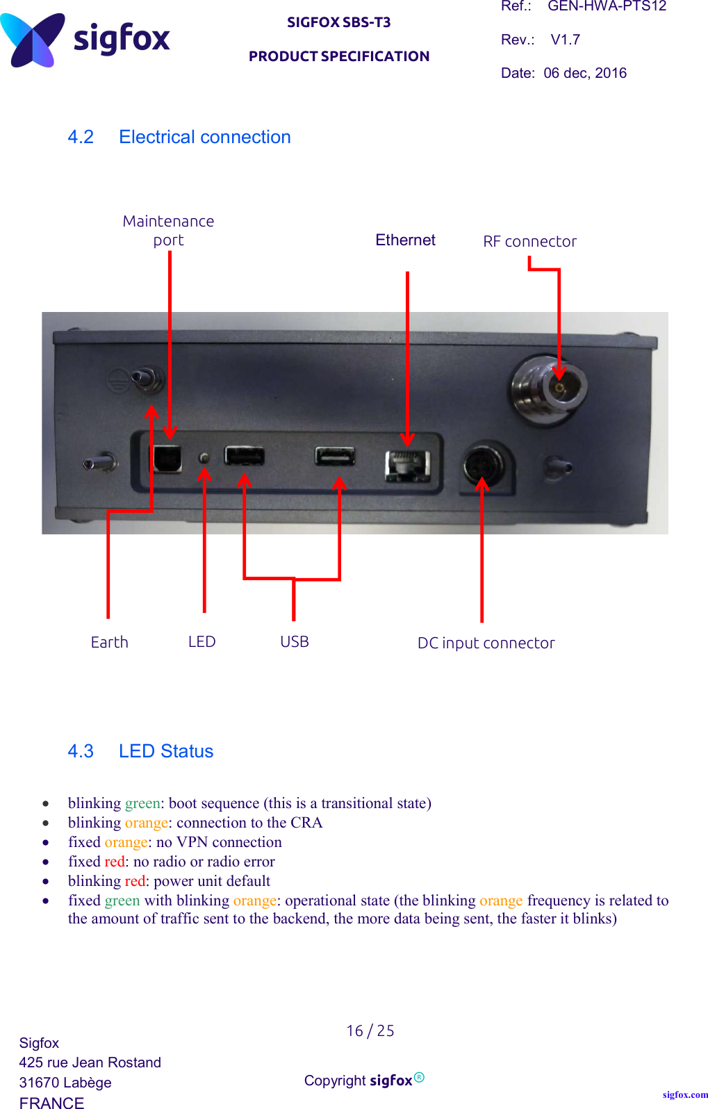   SIGFOX SBS-T3 PRODUCT SPECIFICATION Ref.:    GEN-HWA-PTS12 Rev.:    V1.7 Date:  06 dec, 2016    16 / 25 Sigfox 425 rue Jean Rostand 31670 Labège FRANCE  Copyright sigfox® sigfox.com  4.2  Electrical connection              4.3  LED Status  blinking green: boot sequence (this is a transitional state)  blinking orange: connection to the CRA   fixed orange: no VPN connection  fixed red: no radio or radio error  blinking red: power unit default  fixed green with blinking orange: operational state (the blinking orange frequency is related to the amount of traffic sent to the backend, the more data being sent, the faster it blinks)   RF connector Maintenance port  Ethernet Earth USB  DC input connector LED  