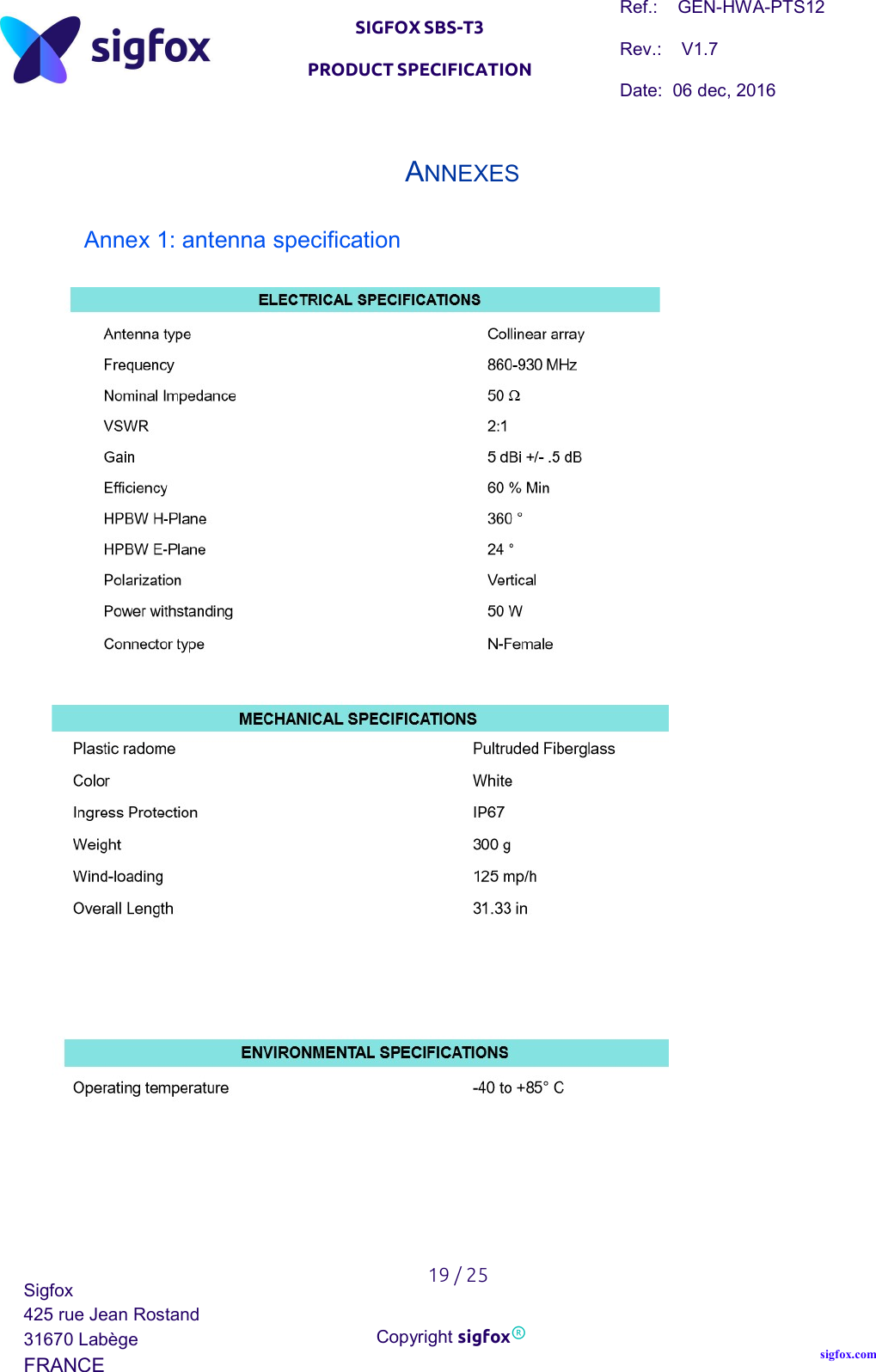   SIGFOX SBS-T3 PRODUCT SPECIFICATION Ref.:    GEN-HWA-PTS12 Rev.:    V1.7 Date:  06 dec, 2016    19 / 25 Sigfox 425 rue Jean Rostand 31670 Labège FRANCE  Copyright sigfox® sigfox.com  ANNEXES  Annex 1: antenna specification      