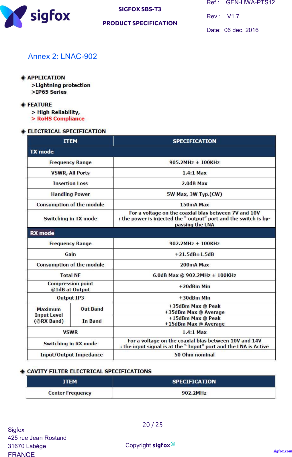   SIGFOX SBS-T3 PRODUCT SPECIFICATION Ref.:    GEN-HWA-PTS12 Rev.:    V1.7 Date:  06 dec, 2016    20 / 25 Sigfox 425 rue Jean Rostand 31670 Labège FRANCE  Copyright sigfox® sigfox.com  Annex 2: LNAC-902    