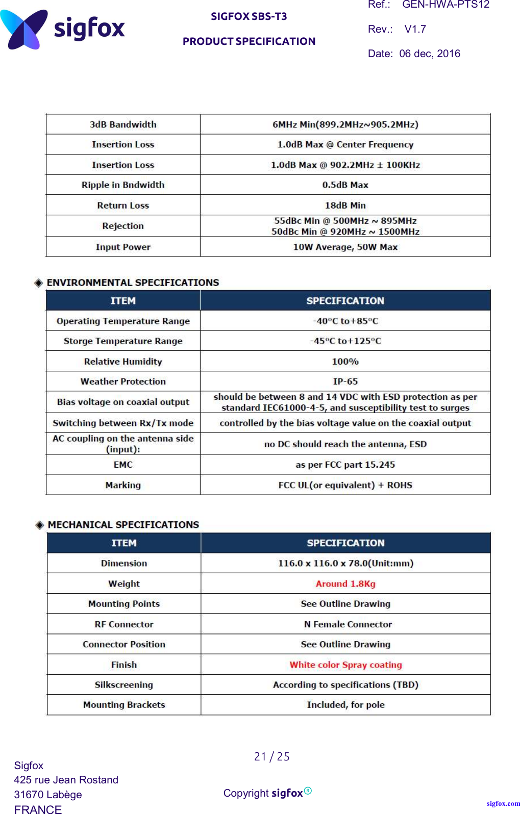   SIGFOX SBS-T3 PRODUCT SPECIFICATION Ref.:    GEN-HWA-PTS12 Rev.:    V1.7 Date:  06 dec, 2016    21 / 25 Sigfox 425 rue Jean Rostand 31670 Labège FRANCE  Copyright sigfox® sigfox.com        