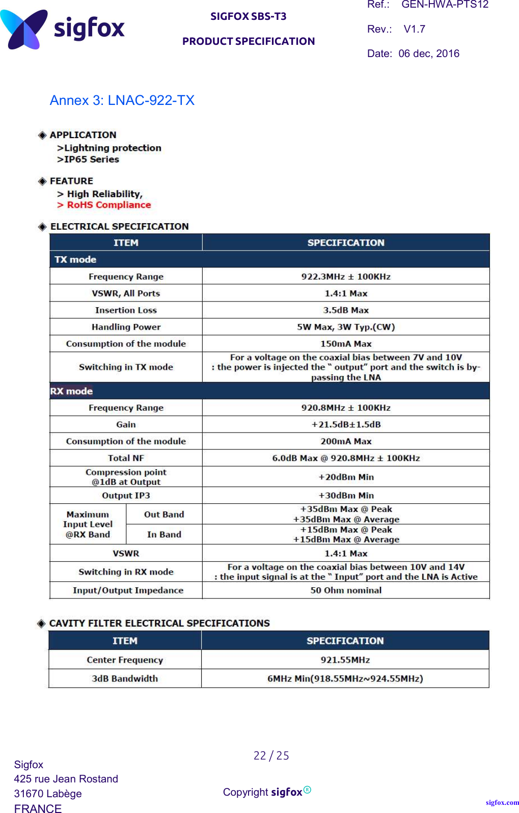   SIGFOX SBS-T3 PRODUCT SPECIFICATION Ref.:    GEN-HWA-PTS12 Rev.:    V1.7 Date:  06 dec, 2016    22 / 25 Sigfox 425 rue Jean Rostand 31670 Labège FRANCE  Copyright sigfox® sigfox.com  Annex 3: LNAC-922-TX   