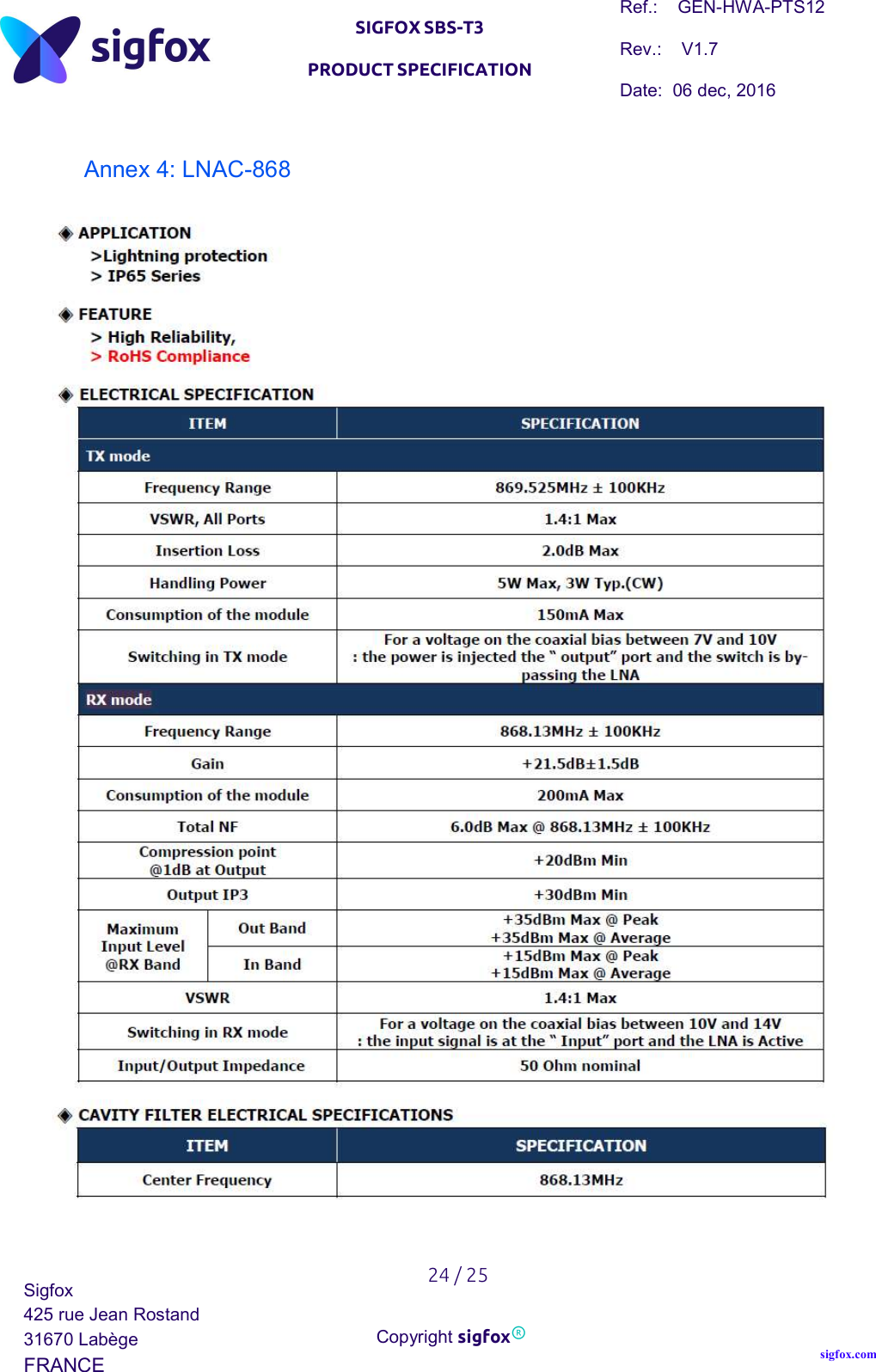   SIGFOX SBS-T3 PRODUCT SPECIFICATION Ref.:    GEN-HWA-PTS12 Rev.:    V1.7 Date:  06 dec, 2016    24 / 25 Sigfox 425 rue Jean Rostand 31670 Labège FRANCE  Copyright sigfox® sigfox.com  Annex 4: LNAC-868   