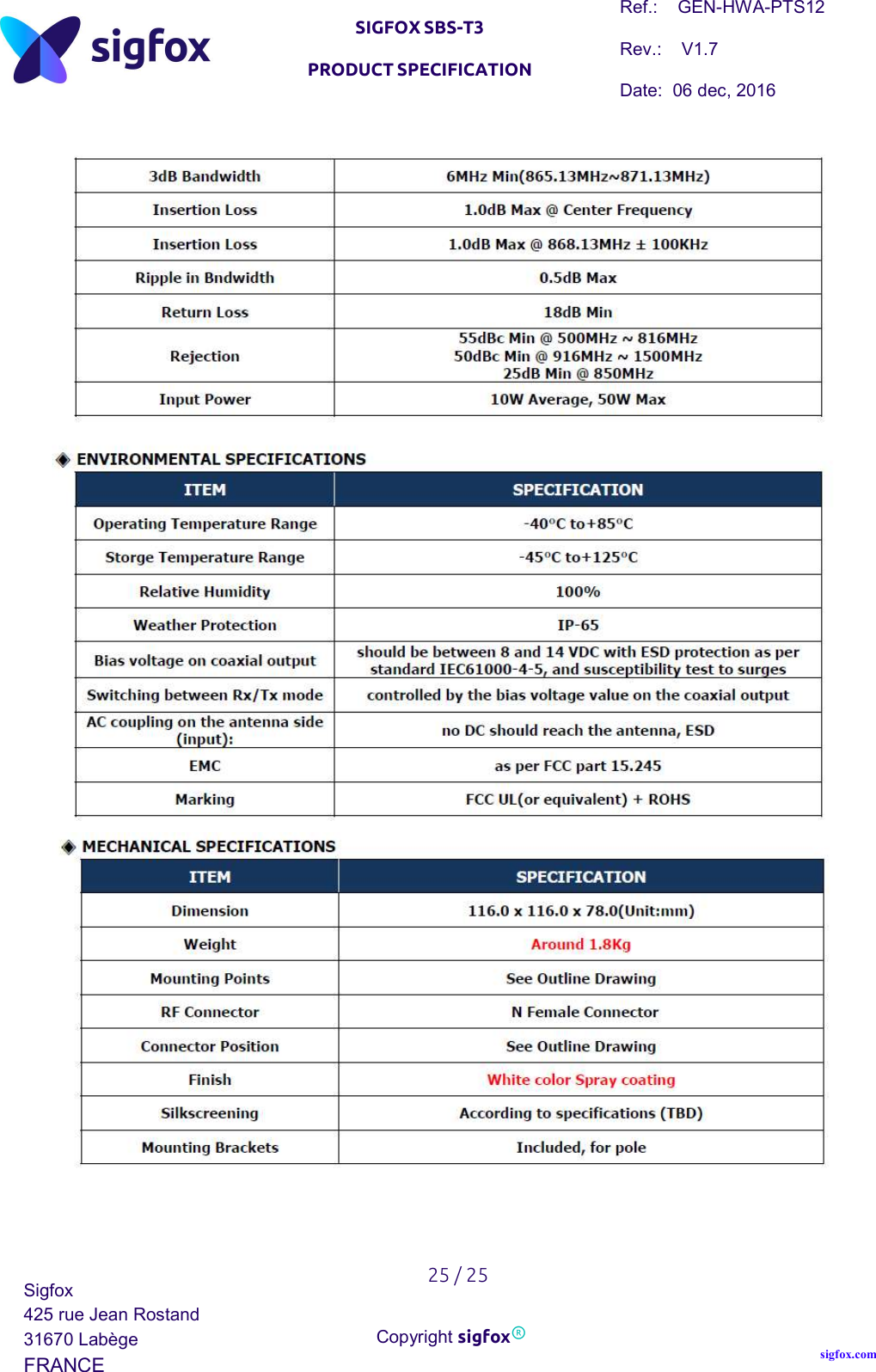   SIGFOX SBS-T3 PRODUCT SPECIFICATION Ref.:    GEN-HWA-PTS12 Rev.:    V1.7 Date:  06 dec, 2016    25 / 25 Sigfox 425 rue Jean Rostand 31670 Labège FRANCE  Copyright sigfox® sigfox.com    