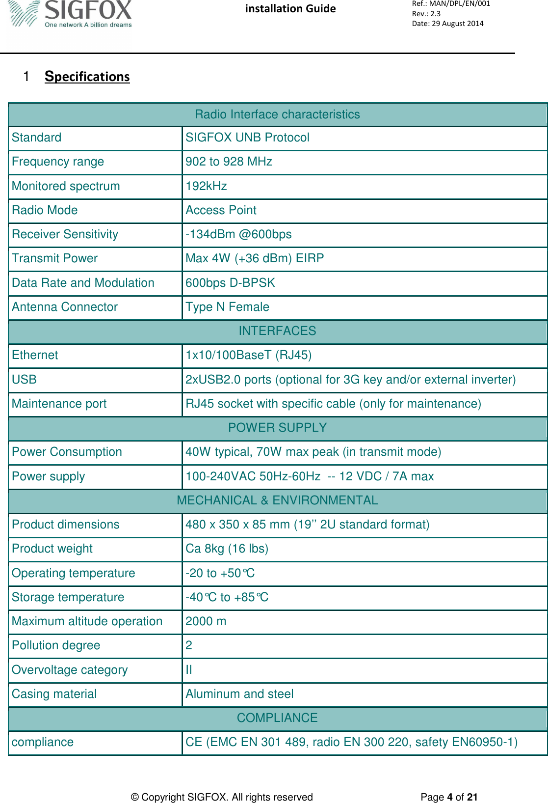  installation Guide     Ref.: MAN/DPL/EN/001 Rev.: 2.3 Date: 29 August 2014          © Copyright SIGFOX. All rights reserved      Page 4 of 21   1  Specifications  Radio Interface characteristics Standard SIGFOX UNB Protocol Frequency range 902 to 928 MHz  Monitored spectrum 192kHz Radio Mode Access Point Receiver Sensitivity -134dBm @600bps Transmit Power Max 4W (+36 dBm) EIRP  Data Rate and Modulation 600bps D-BPSK Antenna Connector Type N Female INTERFACES Ethernet 1x10/100BaseT (RJ45) USB 2xUSB2.0 ports (optional for 3G key and/or external inverter) Maintenance port RJ45 socket with specific cable (only for maintenance) POWER SUPPLY Power Consumption 40W typical, 70W max peak (in transmit mode) Power supply 100-240VAC 50Hz-60Hz  -- 12 VDC / 7A max MECHANICAL &amp; ENVIRONMENTAL Product dimensions 480 x 350 x 85 mm (19’’ 2U standard format) Product weight Ca 8kg (16 lbs) Operating temperature -20 to +50°C Storage temperature -40°C to +85°C Maximum altitude operation  2000 m Pollution degree  2 Overvoltage category  II Casing material Aluminum and steel  COMPLIANCE compliance CE (EMC EN 301 489, radio EN 300 220, safety EN60950-1) 