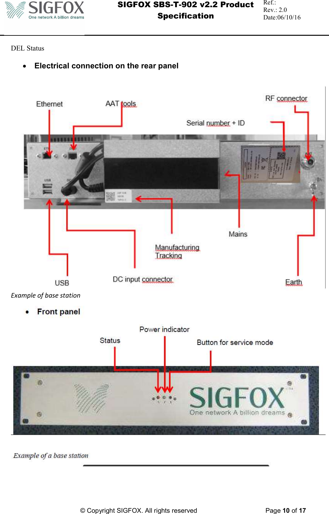  SIGFOX SBS-T-902 v2.2 Product Specification Ref.:  Rev.: 2.0 Date:06/10/16          © Copyright SIGFOX. All rights reserved      Page 10 of 17   DEL Status   Electrical connection on the rear panel   Example of base station      